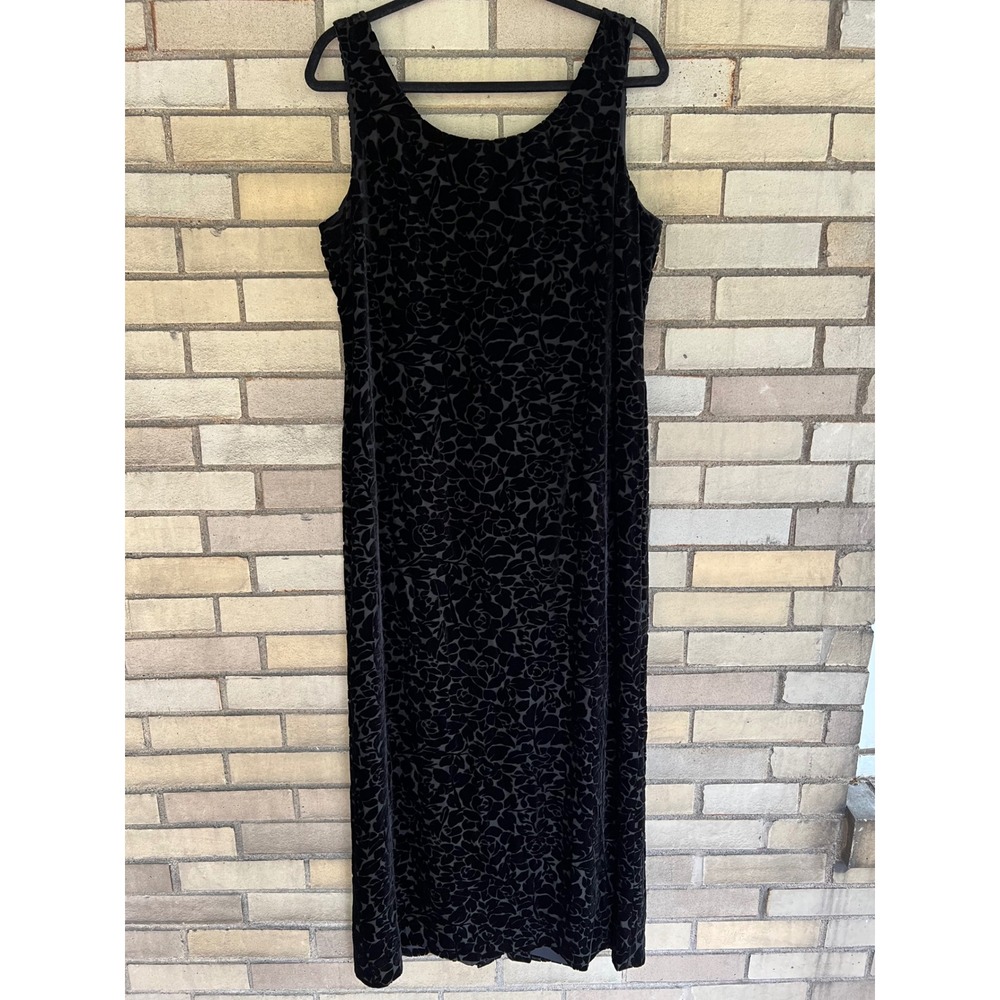 Vintage Jones Wear Black Floral Rose Velvet Silk Blend Maxi Dress Size 14 Large